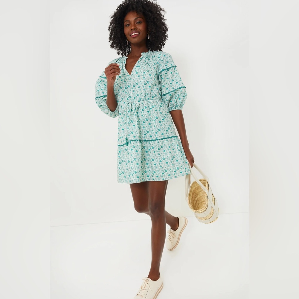 HYACINTH HOUSE.  Not worn Green and White Ditsy Floral Matilda Mini Dress